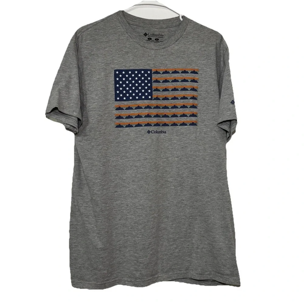 Columbia Men's Large T-Shirt Gray American Flag Mountain Graphic Outdoor Hiking
